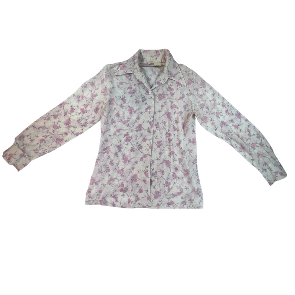 Vintage 90s Sheer Floral Button Down Blouse Cottagecore Romantic ILGWU Small